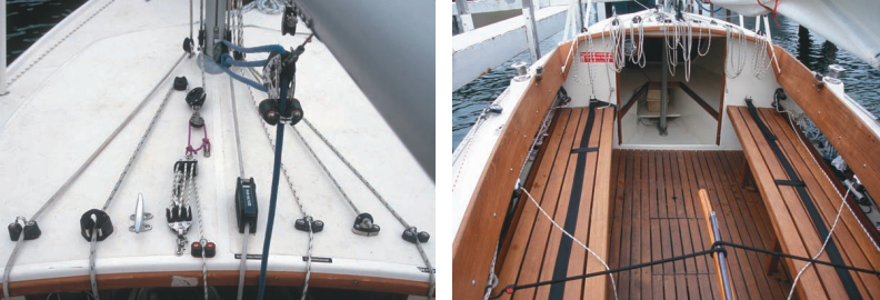 Upgrades on Vulcan included leading halyards and other sail control lines aft to the cockpit, at left. Overnighting is better done on the long cockpit seats and sole under a boom tent, at right. The Ensign’s small cuddy cabin is best suited for stowage.