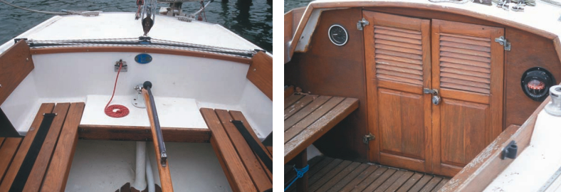 With the mainsheet led to a traveler aft of the cockpit, at left, a boom vang plays a vital role in shaping the mainsail. The companionway doors, at right, can be locked to secure items left in the cuddy.