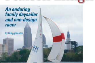 The Pearson Ensign has a faithful following. Bob Anschuetz sails Vulcan, 1964 Ensign #634, near Cleveland, Ohio, with crewmembers Michael Fieseler, Tomasc Kowaczyk and (not pictured) Pat Metzer.