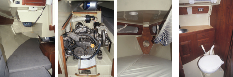 The starboard quarter berth, above left, makes a good sea berth — nice and tight! Anemos is equipped with a yanmar diesel engine, above center; access is better than on many boats. The V-berth is quite narrow forward, and the only access to the tiny forepeak is through a hole in the bulkhead, above right. on facing page: The toilet is positioned fore and aft in the head compartment, an uncommon arrangement.