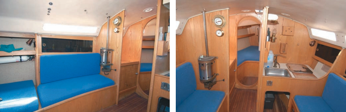 The interior offers headroom for a five-footer, straight-backed settees port and starboard, sleeping arrangements for four, a Lilliputian galley, and an enclosed head. The removable dining table is fastened to the companionway steps, a complication for movement back and forth to the cockpit during mealtime.