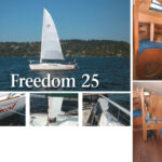 On facing page, Tomcat, a Freedom 25, is proudly sailed by her new owner, Tim Blanchard, and her former owner, Tom Cawrse. Remove the mast-supporting stays, the jib and its associated sheets and halyards, and lead all remaining lines to the cockpit. What have you got? Freedom to enjoy the scenery and to maintain a lookout for other boats. Also on facing page, Tomcat’s proud name, the mast tiller for the rotating mast, and Garry Hoyt’s Gun Mount spinnaker pole. This page, the interior is uncluttered and simple with ash joinery and oak trim.