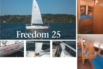 On facing page, Tomcat, a Freedom 25, is proudly sailed by her new owner, Tim Blanchard, and her former owner, Tom Cawrse. Remove the mast-supporting stays, the jib and its associated sheets and halyards, and lead all remaining lines to the cockpit. What have you got? Freedom to enjoy the scenery and to maintain a lookout for other boats. Also on facing page, Tomcat’s proud name, the mast tiller for the rotating mast, and Garry Hoyt’s Gun Mount spinnaker pole. This page, the interior is uncluttered and simple with ash joinery and oak trim.
