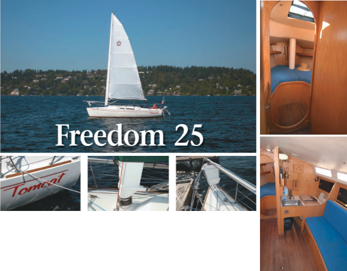 On facing page, Tomcat, a Freedom 25, is proudly sailed by her new owner, Tim Blanchard, and her former owner, Tom Cawrse. Remove the mast-supporting stays, the jib and its associated sheets and halyards, and lead all remaining lines to the cockpit. What have you got? Freedom to enjoy the scenery and to maintain a lookout for other boats. Also on facing page, Tomcat’s proud name, the mast tiller for the rotating mast, and Garry Hoyt’s Gun Mount spinnaker pole. This page, the interior is uncluttered and simple with ash joinery and oak trim.