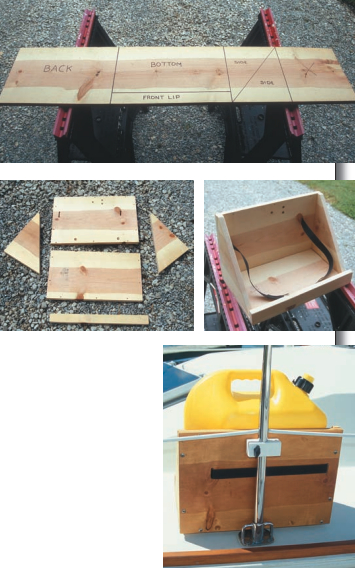 Gregg made good use of a leftover piece of pine shelving. He drew the components of a four-sided open-top box (a base with drainage holes, a back, two angled sides, and a front lip) and assembled them. He lashed the jug with a piece of webbing and used a quick-release, rail-mount bracket to secure the whole thing to a stanchion.