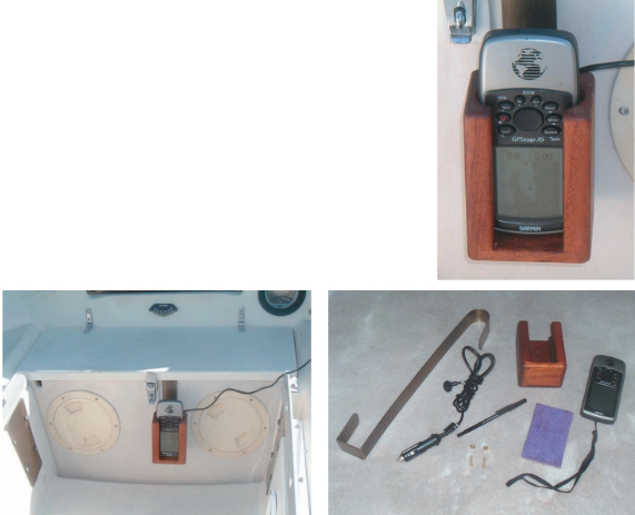 Neat and secure, George’s swap meet soap dispenser does what the specifically designed GPS holders couldn’t: it slips in and out of the cockpit locker on a hook — no holes were drilled in the boat for this installation. The parts for the project are shown below.