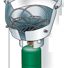 Double-gimbaled single-burner propane stoves provide 3 1⁄2 hours of cooking time.