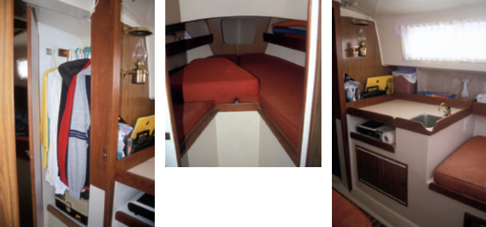 The hanging locker, at left, is opposite the head. The V-berth, above, has a removable insert. The compact galley, at right, doesn’t have a lot of room for meal preparation. Note the single-burner butane camp stove underneath the countertop.