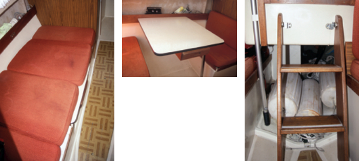 The dinette table, above, can be lowered to form a single berth, at left. On outboard motor models, the absence of an engine underneath the cockpit means extra stowage space, at right.