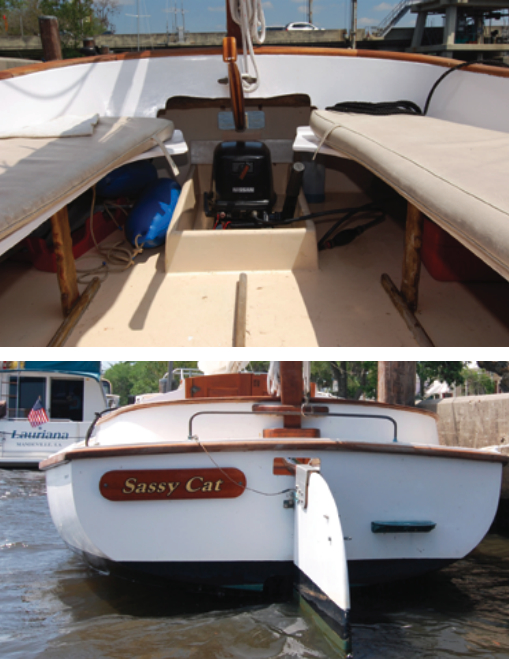 The cockpit benches are long enough for a 6-footer to stretch out comfortably and offer a wonderful way to stargaze on warm summer nights, top. Like most catboats, the Herreshoff America has a so-called barn door rudder, bottom, giving it adequate steerage even in very shoal waters.