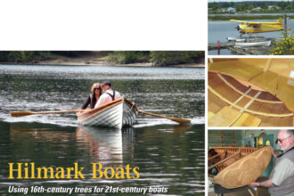 Bush pilot Hilford Burton flew floatplanes such as the De Havilland Beaver, at right, into remote places where he saw and began to appreciate local craft like the Ned Painter-type rowboat hauled up on the dock here in Campbell River, British Columbia, the home of Hilmark boats. Form follows function in a Tyee rowboat, center. Hilford considers a hand-carved Tyee transom, bottom. The Tyee has a lively sheer and proves to be a pleasure to row. Author Richard Smith and his wife, Beth, give the new launch a whirl, facing page.