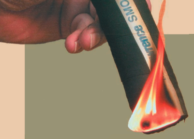 This sample of black rubber exhaust hose burned with enthusiasm when ignited by a charcoal grill lighter and would not self-extinguish. It nevertheless carries the SAE J2006 certification and therefore meets the ABYC standard for approval as a wet-exhaust system component.