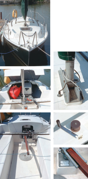 Darling’s foredeck, top left; lazarette with engine well and storage for the fuel tank, center left; and a 7-foot-long cockpit with good back support and leg bracing capabilities, bottom left. The images below show the tabernacle with seven fore-and-aft positions, at top; sheet winch without handle installed, center; and the builder’s nameplate, bottom.