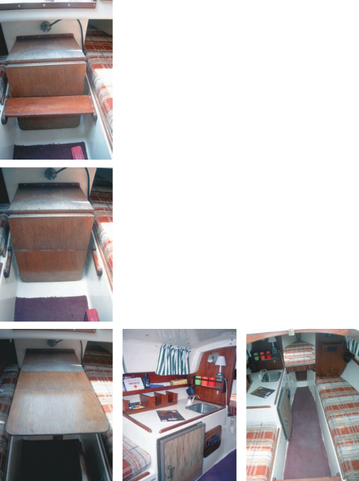 The cabin table is integral to the companionway steps, left-hand column; the galley in S.S. Darling’s Plan B configuration, center; her bunks sleep five 6-footers, right (two quarter berths are not visible). The toilet is beneath a V-berth cushion.