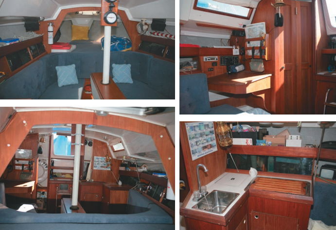 This page: whether looking forward or aft, the interior of the Hunter 28.5 is wide open, allowing for ventilation and adding to a feeling of spaciousness. Facing page: the navigation station and head are located aft on the starboard side, and a small galley is situated opposite.