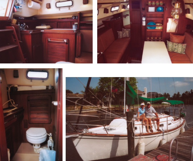 The galley, at left, is compact, but has the essentials: sink, stovetop, icebox, and lockers. The 10-foot 6-inch beam makes for a spacious saloon, at right, and more cabin sole than found on most 27-footers. The bulkhead-mounted table folds down and out to seat four. The enclosed head, facing page, has a sink and provision for a handheld shower; there’s a small hanging locker outboard. Bernie and Jayna Hamel of Apollo Beach, Florida, are the third owners of Shamrock, an Island Packet 27 and our test boat, below on facing page.
