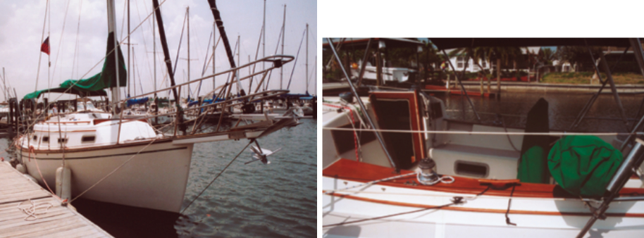 Island Packet Yachts favor rack-and-pinion steering, a geared system that doesn’t have the feedback of the more familiar cable-quadrant-pedestal type. Its big advantage is that it is very strong with far fewer parts. The bowsprit, facing page, is integral to the fiberglass deck and makes anchoring chores easier, though one must work around the forestay and inner forestay furling drums.
