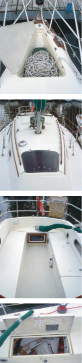 There’s space in the foredeck anchor locker for a standard-length rode and anchor, at top; the flush-mounted acrylic forward hatch, next photo; the 6-foot 2-inch cockpit seats and standard tiller (although wheel steering was an option), next photo; and the port cockpit locker for docking gear and more, bottom.