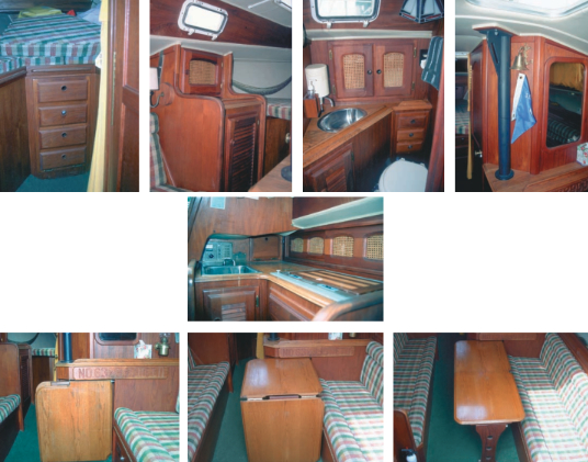 The interior is nicely finished in teak-veneer plywood. There are many drawers for storage, and cubbies have cane faces for ventilation, shown above. The galley is small but includes the essentials: sink, icebox and stovetop, below center. Between the opposing settees is a fold-down, fold-out table for dining, bottom photos.