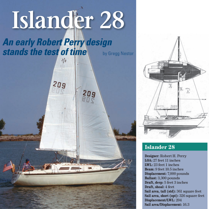 Reaching, an Islander 28 owned by Dave Vance, ghosts along, at left. The raked bow, flattish sheer, and reverse transom still look good today. The slotted toerail is handy for fastening snatch blocks anywhere you want them.