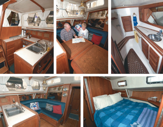 Dennis and Kathy Oelrich check out Good Old Boat magazine, above, while Good Old Boat readers have a chance to check out the comfortable interior of Puget Sounder, their Freeport 36, shown in the photos on this page. Note the Pullman berth in the photo below. Puget Sounder has the Freeport Layout B, which is unusual in that it features a double berth toward the middle of the boat. The head, shown above, is forward in this plan in the area usually occupied by the V-berth.