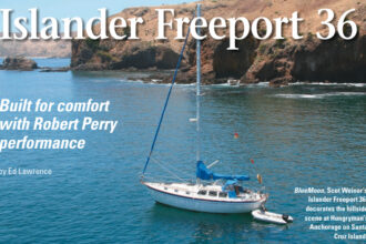 BlueMoon, Scot Weiner’s Islander Freeport 36, decorates the hillside scene at Hungryman’s Anchorage on Santa Cruz Island
