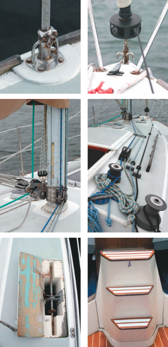 Clockwise from top left: check for wet balsa core around the stanchions. Author Herb McCormick replaced his racing foil with a furler. All lines are led aft to the cockpit through stoppers or cam cleats. Access to the engine is behind the molded companionway ladder. An anchor well in the deck is designed for a lightweight Danforth-type anchor and short rode. Note the many turning blocks at the mast.