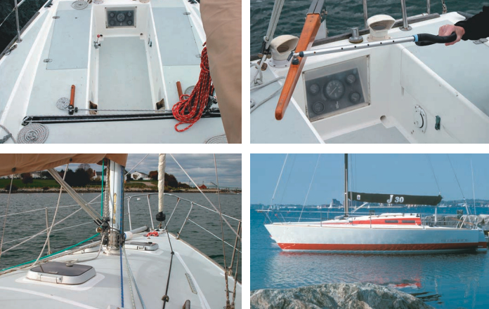 The mainsheet traveler, an essential control, top left, is mounted on the bridge deck forward in the cockpit. A tiller extension, top right, is another piece of essential equipment so the helmsman can sit on the rail. A host of sail control lines lead aft, bottom left. In profile, the J/30 has clean simple lines, bottom right.