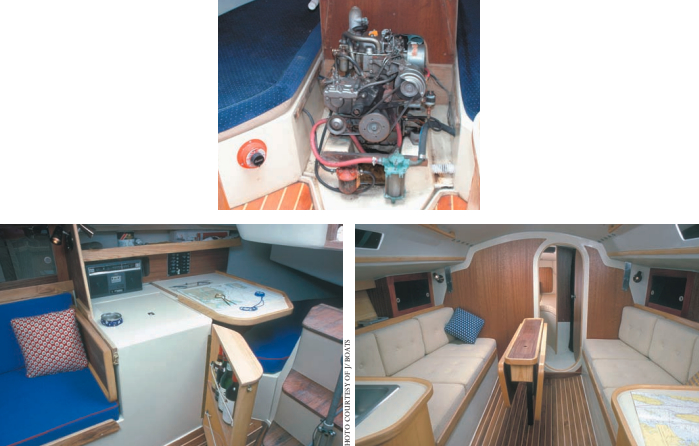 The 15-hp Yanmar diesel engine, at top, has excellent access for maintenance. The removable chart table over the starboard quarter berth, bottom left, and the main cabin with settees and fold-down table on centerline, bottom right.