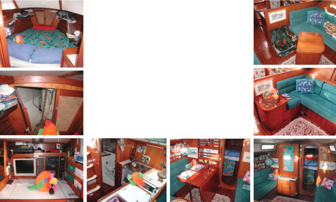 You’re likely to find the Gryphon’s mascot animal just about anywhere from the V-berth to the anchor chain locker to the nav station or galley, this page. He has also been into mischief in the main saloon on the facing page by removing the engine cover and serving up a bottle of wine on the folding table. Notice the unique placement of the engine and excellent access to it. What a concept!