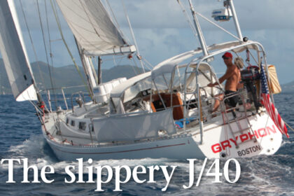 Jeff Williams at the helm of Gryphon, his 1986 J/40.