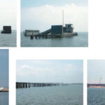 Bill Sandifer was lucky that his boat, the Genie B, survived Hurricane Katrina. She is shown on facing page, at top left, passing through what remains of a drawbridge. A close-up look at the drawsection of that bridge is at top right on facing page. The Genie B motors past what was the ice house in Pass Christian Harbor in bottom photo on the facing page. This structure, almost four stories tall, was washed out in spite of having a stilt architecture. What is left of another bridge is shown in the images above on this page.