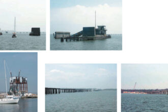 Bill Sandifer was lucky that his boat, the Genie B, survived Hurricane Katrina. She is shown on facing page, at top left, passing through what remains of a drawbridge. A close-up look at the drawsection of that bridge is at top right on facing page. The Genie B motors past what was the ice house in Pass Christian Harbor in bottom photo on the facing page. This structure, almost four stories tall, was washed out in spite of having a stilt architecture. What is left of another bridge is shown in the images above on this page.