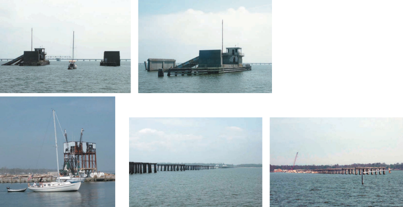 Bill Sandifer was lucky that his boat, the Genie B, survived Hurricane Katrina. She is shown on facing page, at top left, passing through what remains of a drawbridge. A close-up look at the drawsection of that bridge is at top right on facing page. The Genie B motors past what was the ice house in Pass Christian Harbor in bottom photo on the facing page. This structure, almost four stories tall, was washed out in spite of having a stilt architecture. What is left of another bridge is shown in the images above on this page.