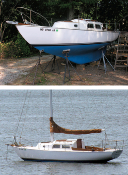 Kestrel with her bottom painted, top, waiting for transport to arrive and at anchor on the Sassafras River. At 25 feet 7 inches, the Pearson Ariel and Pearson Commander are sister ships that share the same hull design.