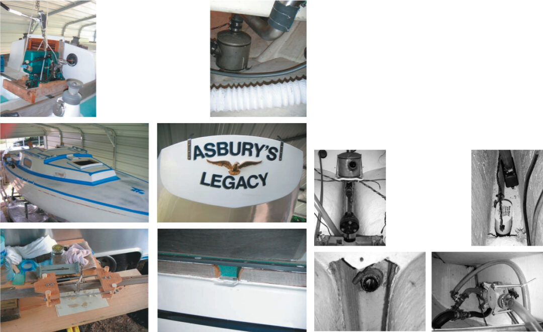 The Vire 7 engine is hoisted in, left; the exhaust silencer is relocated forward of the rudder tube, right; the deck is prepared for painting, left center; and the transom gets an eagle, right center. Larry made a jig for repairing the teak toerail, left below; and added drainage openings, right below. On facing page, the prop shaft and packing gland, top left; the automatic pump and suction foot for the manual pump, top right. The prop shaft tube and old Cutless bearing viewed from inside, bottom left, and the manual bilge pump, cockpit drain hose, and bilge discharge lines, bottom right.