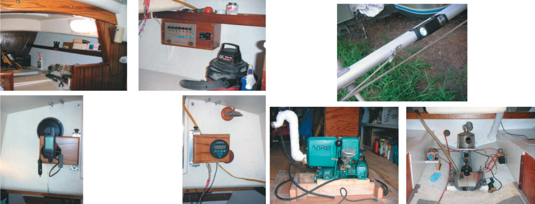 The new compression beam installed, at left above; the new switch panel and automatic bilge pump switches, at right above. The GPS gets a new mounting bracket, at left; and the depth sounder in its new swing-away bracket, at right. Facing page: the new combination mast light, at top; the Vire 7 engine, at left; and the workings of the engine compartment — the water pump, muffler, and prop shaft — at right.