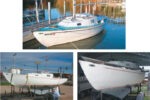 Larry’s Kittiwake 23, Asbury’s Legacy, afloat after her refit, at left. Early stages are shown below on facing page, including that distressing time when the deck was separated from the hull.