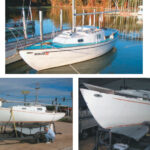 Larry’s Kittiwake 23, Asbury’s Legacy, afloat after her refit, at left. Early stages are shown below on facing page, including that distressing time when the deck was separated from the hull.