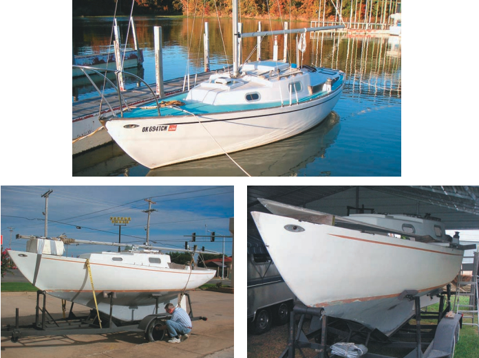 Larry’s Kittiwake 23, Asbury’s Legacy, afloat after her refit, at left. Early stages are shown below on facing page, including that distressing time when the deck was separated from the hull.