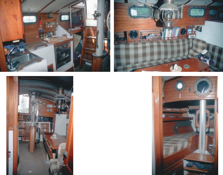 The living space on Delphinus is soothing and comfortable. Don says creating the interior was the most difficult part of the project since nothing’s really square. All he had to begin with were the fiberglass liner, which established the galley area for example, and the patterns for bulkheads and other wooden structures. He used mahogany throughout, generally following Ted Brewer’s accommodations plan.