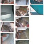 The hot water heater platform was rebuilt and painted (1 and 2). In the port side sail locker, the built-in support for a battery long since gone (3) had to go. The locker area (4) got a thorough cleaning and Dale added a layer of low-sheen epoxy primer. The mizzen chainplates are evident in the aft locker (5). The water tanks were next. To get a sense of the magnitude of this project, take a look at the remains of the starboard tank, as Dale first found it, along with the pilot berth above and cut out storage cabinets (6). Although he sacrificed a large number of Sawzall blades to the water tank project, Dale made progress on the starboard tank (7, 8, and 9) and created a pile of former tank parts on the ground below (10). Three holes in the rudder skeg were necessary (11 ) before Dale found the bottom of that cavity and was able to drain several gallons.