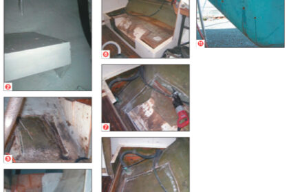 The hot water heater platform was rebuilt and painted (1 and 2). In the port side sail locker, the built-in support for a battery long since gone (3) had to go. The locker area (4) got a thorough cleaning and Dale added a layer of low-sheen epoxy primer. The mizzen chainplates are evident in the aft locker (5). The water tanks were next. To get a sense of the magnitude of this project, take a look at the remains of the starboard tank, as Dale first found it, along with the pilot berth above and cut out storage cabinets (6). Although he sacrificed a large number of Sawzall blades to the water tank project, Dale made progress on the starboard tank (7, 8, and 9) and created a pile of former tank parts on the ground below (10). Three holes in the rudder skeg were necessary (11 ) before Dale found the bottom of that cavity and was able to drain several gallons.