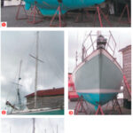 At first glance in the boatyard, Maruska looked like the “someday boat” of Dale’s dreams (1). Like so many other sailors, he’d fallen in love with the Pearson 365 long ago. But long ago the timing wasn’t right and the price was too high. “Someday” had arrived in the Havre de Grace Marina, however, and now the price was right. The lower price, unfortunately, reflected the condition of the boat’s interior. Listed as a “project boat,” Maruska was all that and more. The rig was in good condition (2) and, all in all, Maruska was in good shape on the outside (3). But the bent ladder at the stern was indicative of her true condition (4).