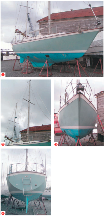 At first glance in the boatyard, Maruska looked like the “someday boat” of Dale’s dreams (1). Like so many other sailors, he’d fallen in love with the Pearson 365 long ago. But long ago the timing wasn’t right and the price was too high. “Someday” had arrived in the Havre de Grace Marina, however, and now the price was right. The lower price, unfortunately, reflected the condition of the boat’s interior. Listed as a “project boat,” Maruska was all that and more. The rig was in good condition (2) and, all in all, Maruska was in good shape on the outside (3). But the bent ladder at the stern was indicative of her true condition (4).