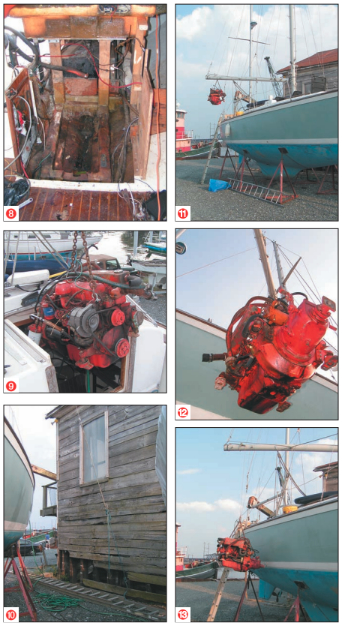 The engine has left the boat (8). On departing, it presented a bit of an obstacle for anyone using the companionway (9). The engineer in Dale worries about the weight of the engine while hanging from the end of the boom. For safety’s sake, he first runs a check stay to the nearby building (10). Up and over the side it goes (11 and 12). Maruska breathes a sigh of relief following this weight-loss program (13).