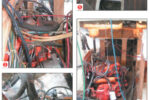 The master warning gong was hooked up (but to what?). A battery cable by the gong crossed over the tank and had ground its insulation jacket down to the copper by rubbing on the tank (1). A maze of wiring, hoses, and tubing (2 and 3). What was left of the bilge pump control (4). The Walter V-Drive and shaft (5). Hauling the engine out of its bed (6). Slung off the main boom, the engine goes up nicely (7).