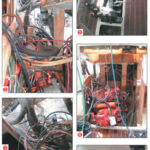 The master warning gong was hooked up (but to what?). A battery cable by the gong crossed over the tank and had ground its insulation jacket down to the copper by rubbing on the tank (1). A maze of wiring, hoses, and tubing (2 and 3). What was left of the bilge pump control (4). The Walter V-Drive and shaft (5). Hauling the engine out of its bed (6). Slung off the main boom, the engine goes up nicely (7).