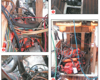 The master warning gong was hooked up (but to what?). A battery cable by the gong crossed over the tank and had ground its insulation jacket down to the copper by rubbing on the tank (1). A maze of wiring, hoses, and tubing (2 and 3). What was left of the bilge pump control (4). The Walter V-Drive and shaft (5). Hauling the engine out of its bed (6). Slung off the main boom, the engine goes up nicely (7).