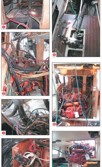The master warning gong was hooked up (but to what?). A battery cable by the gong crossed over the tank and had ground its insulation jacket down to the copper by rubbing on the tank (1). A maze of wiring, hoses, and tubing (2 and 3). What was left of the bilge pump control (4). The Walter V-Drive and shaft (5). Hauling the engine out of its bed (6). Slung off the main boom, the engine goes up nicely (7).